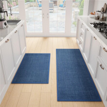(D-blue, 40*60+40*120cm [linen + rubber bottom]) Nordic style solid color kitchen mat set linen rubber anti-slip kitchen water-absorbent