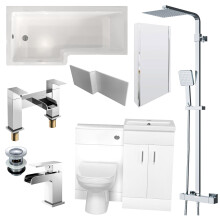 Cann L-Shaped LH Bath, Exposed Shower, White Basin Vanity, Taps, BTW Toilet
