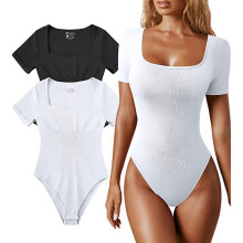 (White, XL) Sommar Yogajumpsuit för kvinnor - Ribbad sportbody med kort ärm