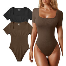 (Coffee, M) Sommar Yogajumpsuit för kvinnor - Ribbad sportbody med kort ärm