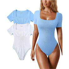 (Sky Blue, XL) Sommar Yogajumpsuit för kvinnor - Ribbad sportbody med kort ärm
