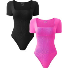 (Magenta, XL) Sommar Yogajumpsuit för kvinnor - Ribbad sportbody med kort ärm