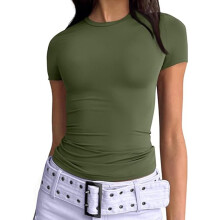 (Military Green, XL) Women's Slim Casual Short Sleeve T-Shirt, Solid Spring Autumn Streetwear Base Top