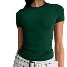 (Dark Green, XS) T-shirt da donna slim fit a maniche corte, tinta unita, ideale per lo streetwear primaverile e autunnale.