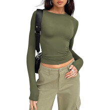 (Military Green, XL) Women's Slim Casual Short Sleeve T-Shirt, Solid Spring Autumn Streetwear Base Top