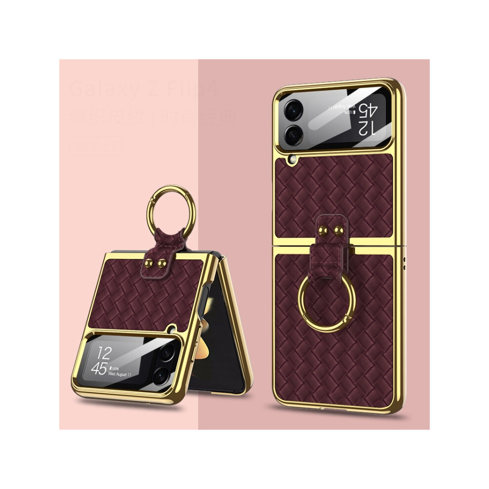 Gkk Woven Texture Electroplated Ring Phone Case Compatible Gift Samsung Galaxy Z Flip4 (Brown): Brown 337224219506