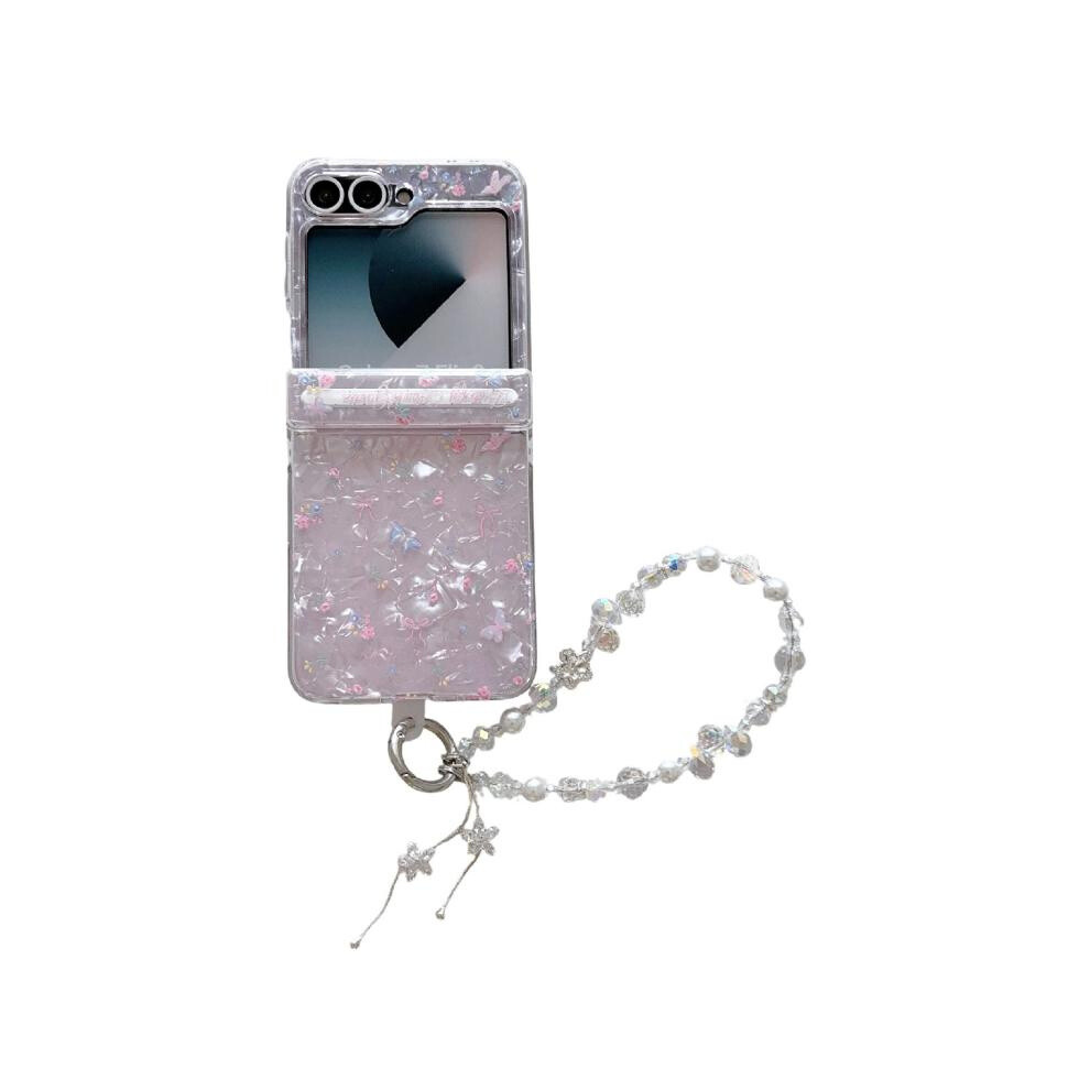 Compatible Gift Samsung Galaxy Z Flip7 Fe / 6 Fresh Floral Shell Glitter Magnetic Shockproof Phone Case With Bracelet(Butterfly):For Samsung Galaxy Z 3468205150734