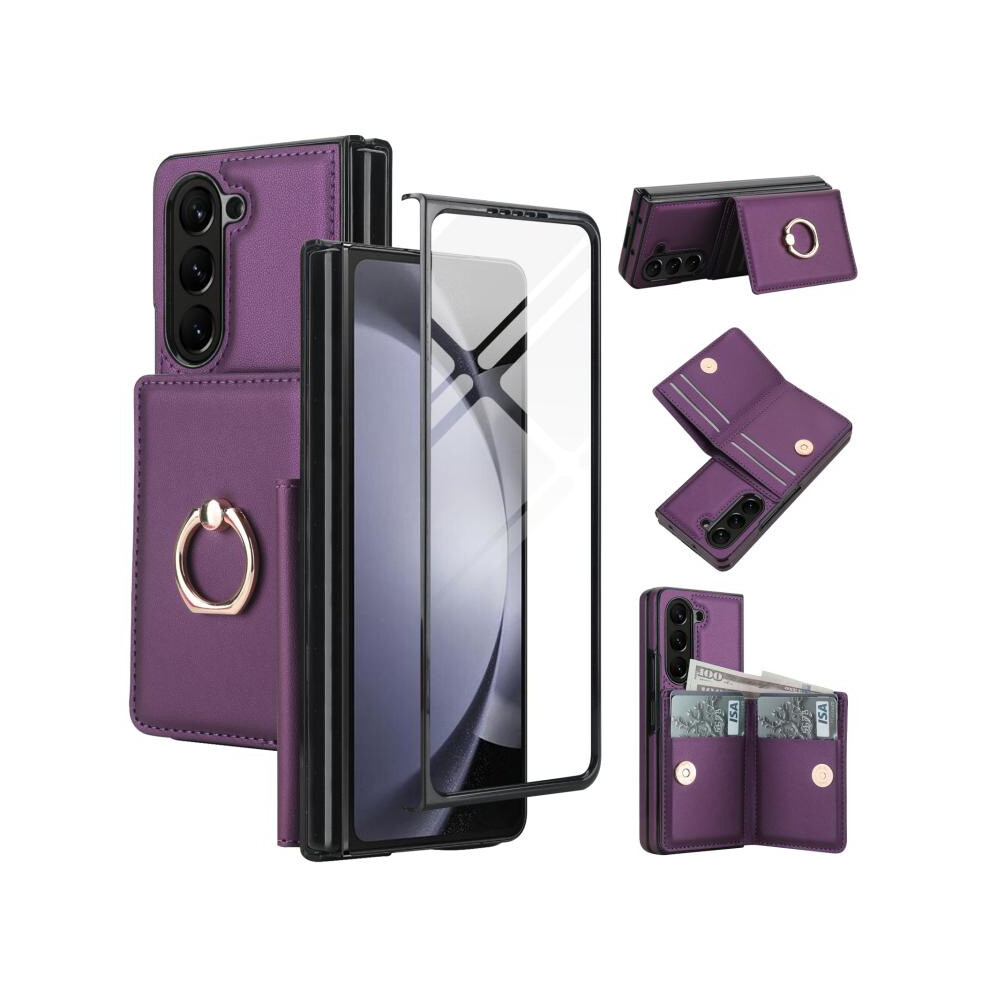 Compatible Gift Samsung Galaxy Z Fold5 5G Integrated Flip Case With Card Slot And Stand, Leather Phone Case With Ring ( Purple):For Samsung Galax Dark/Purple 7359909249045