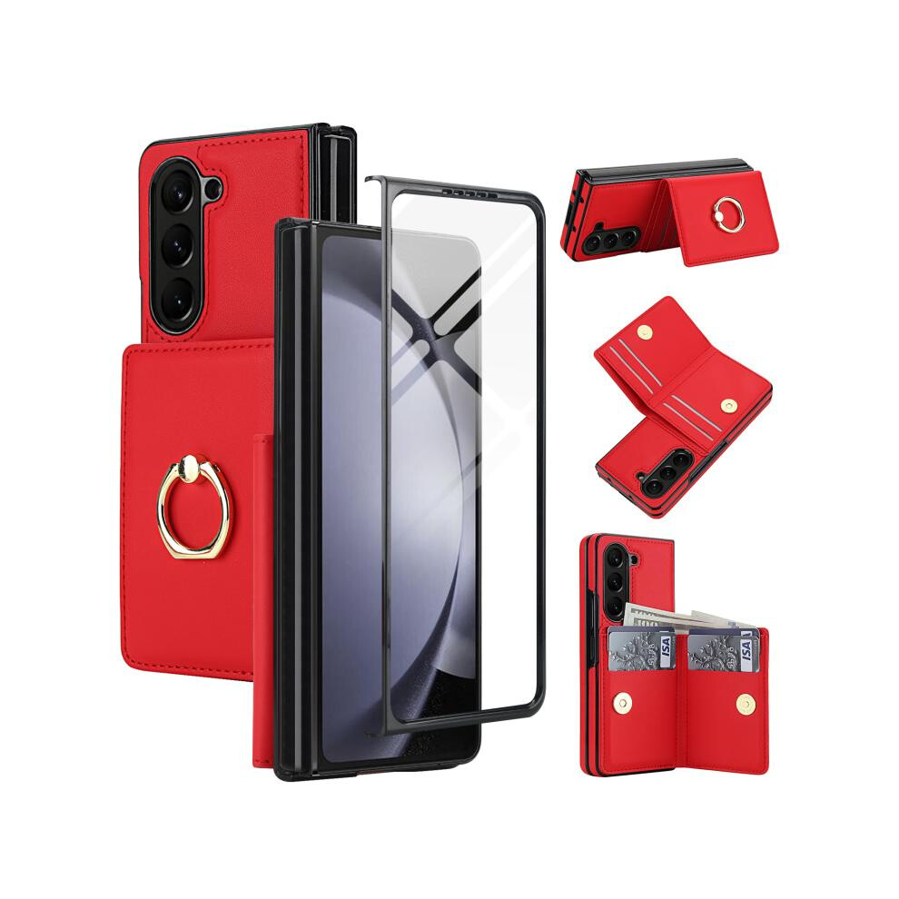 Compatible Gift Samsung Galaxy Z Fold5 5G Integrated Flip Case With Card Slot And Stand, Leather Phone Case With Ring (Red):For Samsung Galaxy Z Fold Red 3616936408512