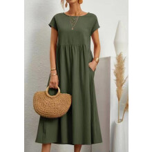 (Military Green, 3XL) Solid Color Sleeveless Loose Cotton-Linen Pocket Dress