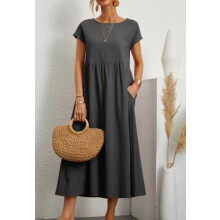 (Dark Gray, XL) Solid Color Sleeveless Loose Cotton-Linen Pocket Dress