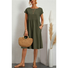 (Military Green - Short, 3XL) Solid Color Sleeveless Loose Cotton-Linen Pocket Dress