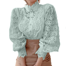(Grass Green, XL) French Loose Chic Button Lace Hollow Flower Splicing Top