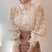 (Apricot, S) French Loose Chic Button Lace Hollow Flower Splicing Top