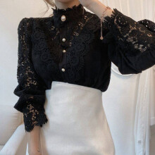 (Black, L) French Loose Chic Button Lace Hollow Flower Splicing Top
