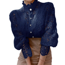 (Navy Blue, L) French Loose Chic Button Lace Hollow Flower Splicing Top