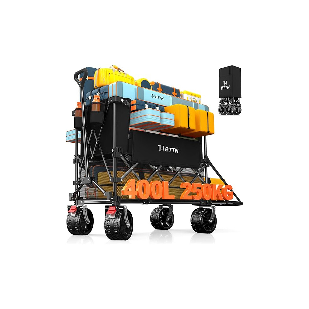 400L Double Decker Folding Festival Trolley, 250kg Heavy Duty Extra Long Wagon with Tailgate, Big All-Terrain Wheels with Brakes,