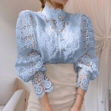 (Sky Blue, XL) French Loose Chic Button Lace Hollow Flower Splicing Top