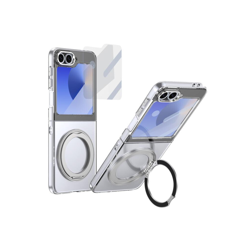 Compatible Gift Samsung Galaxy Z Flip7 Fe / Flip6 Integrated Ice-Feel High-Transparency 360-Degree Rotating Stand Magsafe Folding Phone Case(Silver): Silver 3689969240749