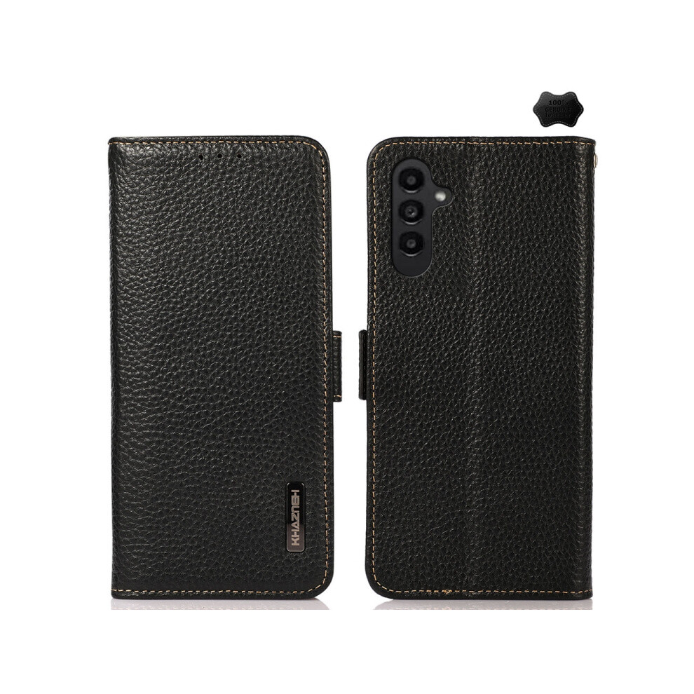 Compatible Gift Samsung Galaxy M35 Khazneh Side-Magnetic Litchi Genuine Leather Rfid Phone Case(Black):For Samsung Galaxy M35 Black 3636994182704