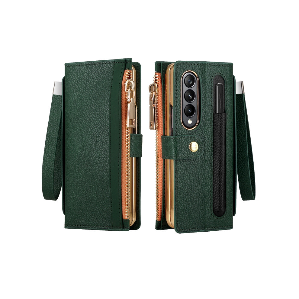Compatible Gift Samsung Galaxy Z Fold4 Celebrity Series Rfid Anti-Theft Brush Phone Leather Case With Pen Slot(Green): Green 3042090299244