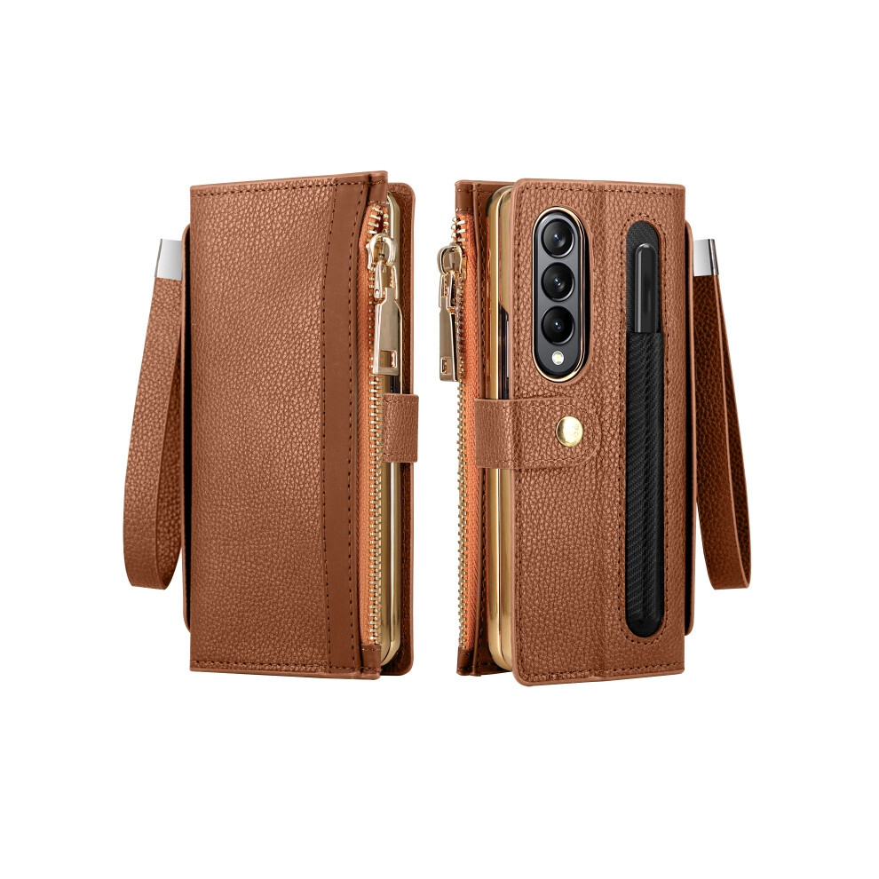 Leather Case With Pen Slot Compatible Gift Samsung Galaxy Z Fold4 Ming Shi Series Rfid Anti-Theft Phone (Brown): Brown 3042090299275