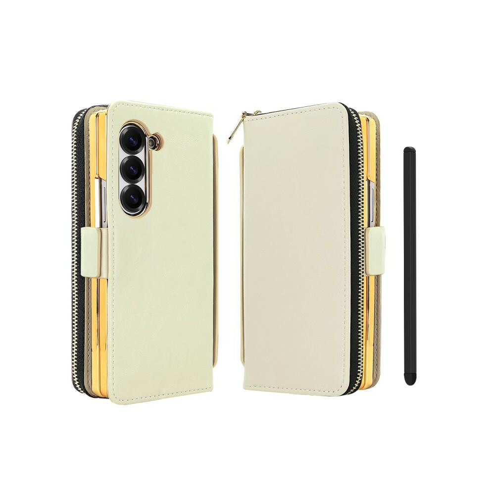 Compatible Gift With Samsung Galaxy Fold5 Vietao Elite 2.0 Series Magnetic Buckle Rfid Anti-Theft Wallet/Phone Case With Pen (Beige):For Samsung Gala Beige 7357467398892