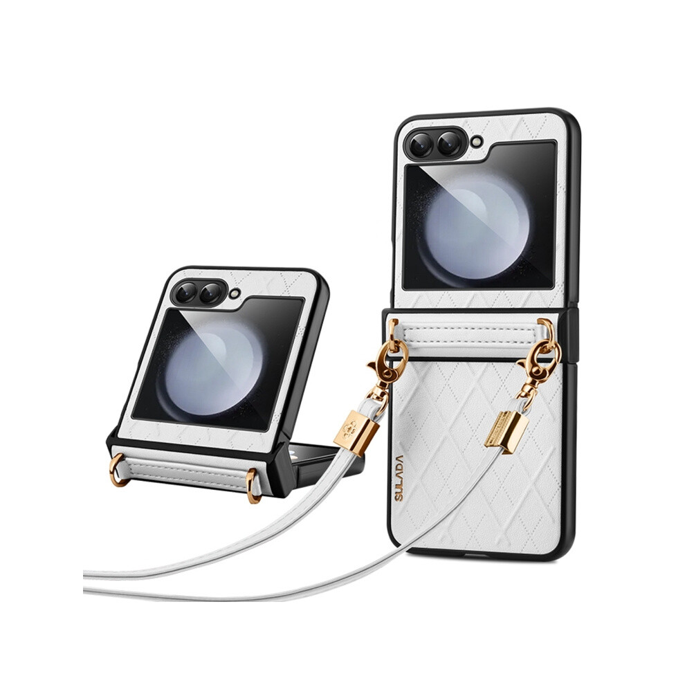 Compatible Gift Samsung Galaxy Z Flip6 / Flip7 Fe Sulada Elegant Rhombic Texture Folding Phone Case With Lanyard(White):For Samsung Galaxy Z Flip6 / White 5207287341023