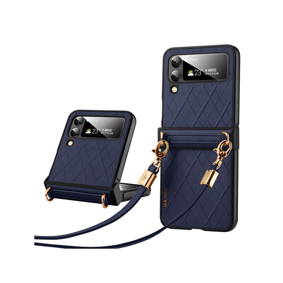 Sulada Cleat Leather Folding Phone Case Compatible Gift Samsung Galaxy Z Flip4 With Lanyard (Blue):For Samsung Galaxy Z Flip4 Blue 5207287341344