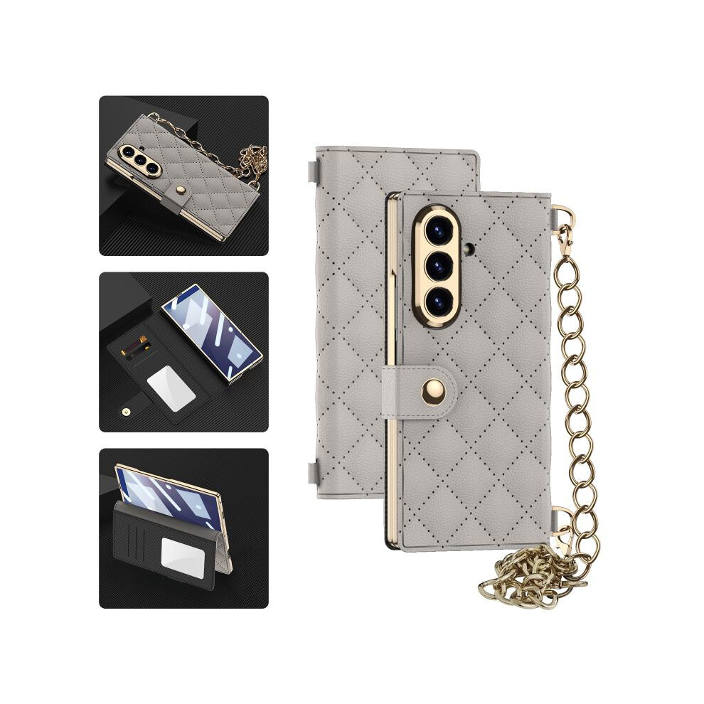 Compatible Gift Samsung Galaxy Z Fold7 5G Gkk Integrated Plating Diamond Texture Leather Phone Case With Crossbody Chain(Titanium ):For Samsung G Gray 7056706125823