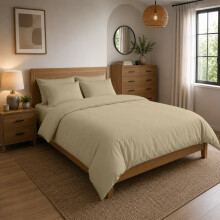 (Beige, Double: 200 x 200 cm) Plain Duvet Quilt Cover Bedding Set & Pillowcases
