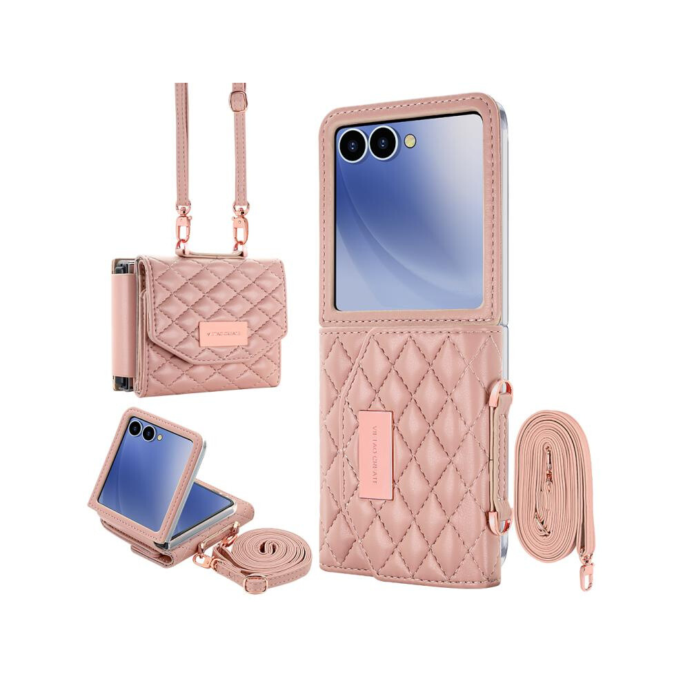 Compatible Gift Samsung Galaxy Z Flip7 5G Vietao Rhombic Texture Wallet Pu Phone Case With Long Lanyard(Pink):For Samsung Galaxy Z Flip7 5G Pink 4553314203958