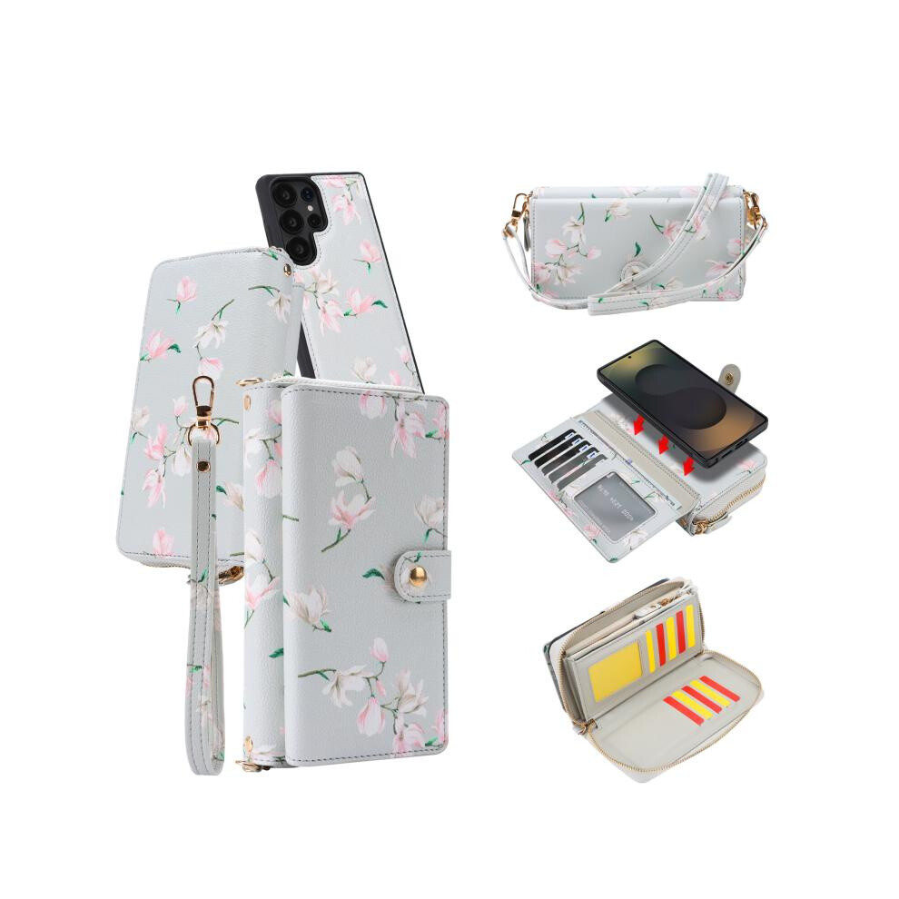 Floral Pattern Multi-Functional Buckle Zipper Wallet Case With Diagonal Strap Compatible Gift Samsung Galaxy S24 Ultra 5G (White):For Samsung Galaxy White 8273334366803