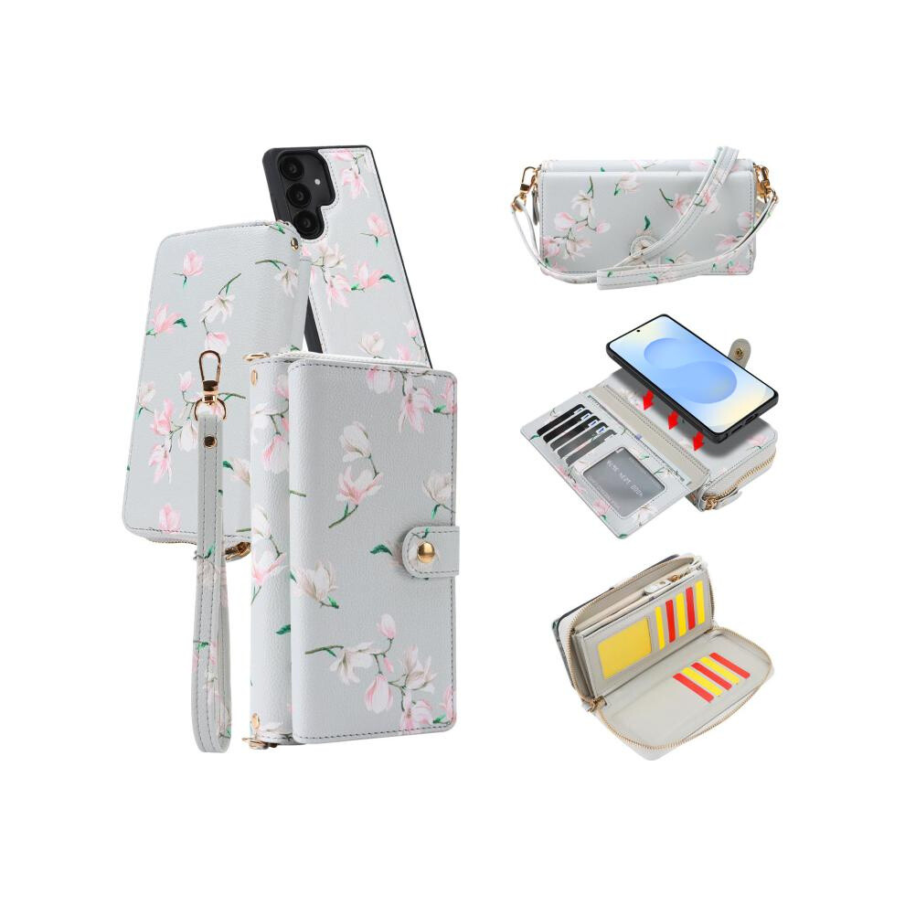 Floral Pattern Multi-Functional Buckle Zipper Wallet Case With Diagonal Strap (White) Compatible Gift Samsung Galaxy S25+ 5G:for Samsung Galaxy S25+ White 8273334366780