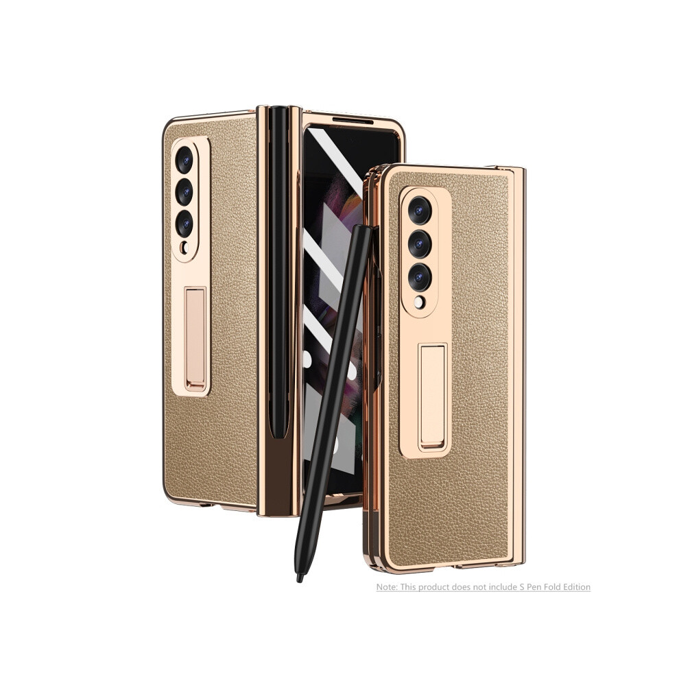 Electroplated Hinge Pen Groove Lychee Texture Phone Case Compatible Gift Samsung Galaxy Z Fold3 5G ():En Gold/Golden 4194760300954
