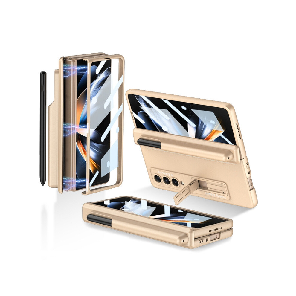 Gkk Magnetic Hinge Folding Phone Case Compatible Gift Samsung Galaxy Z Fold4 With Pen Holder & Stand (Champagne ):Champagne Gold 4194760300824