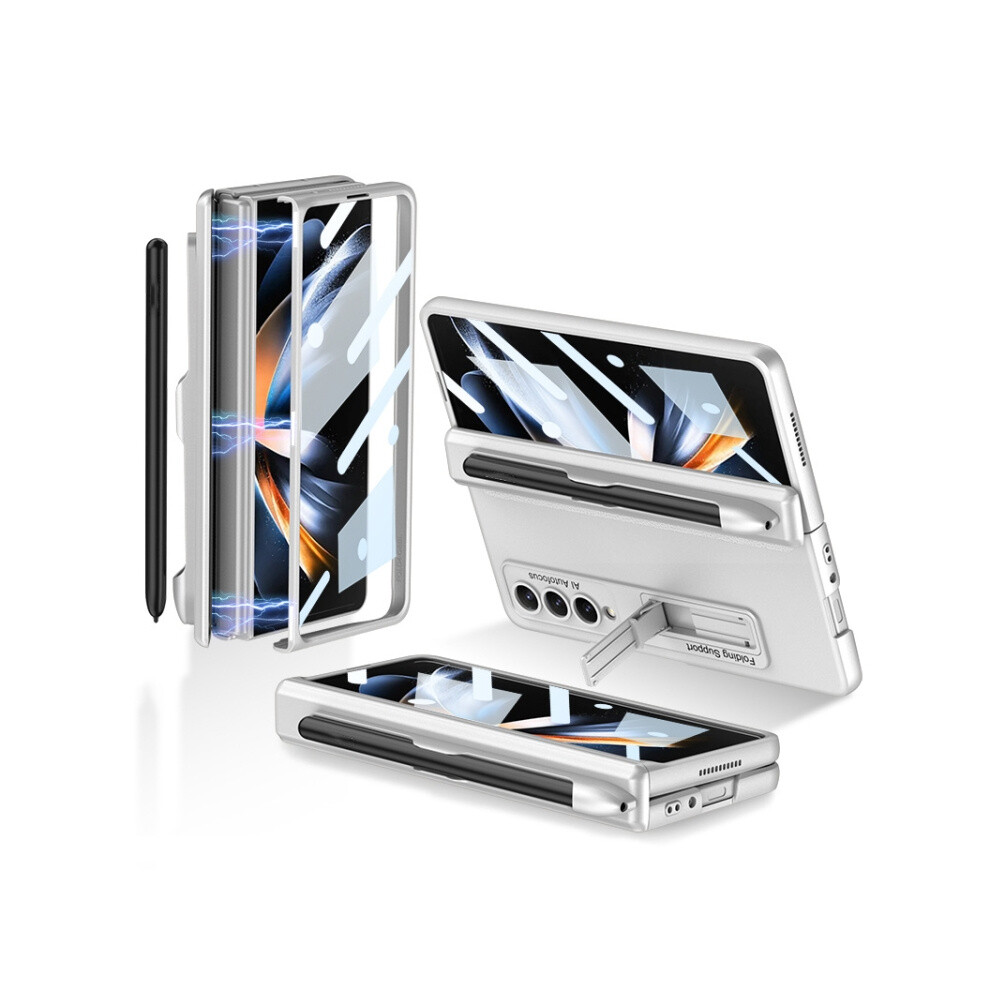Gkk Magnetic Hinge Folding Phone Case Compatible Gift Samsung Galaxy Z Fold4 With Stand & Pen Slot (Elegant ):Silvery Silver 3225532135809