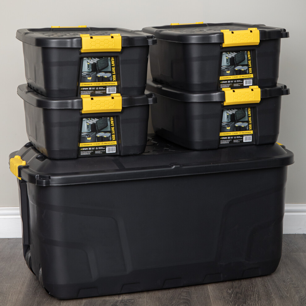Strata 1 X 145L & 4 X 24L Heavy Duty Lockable & Stackable Storage Tub Chest With Clips