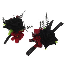 1Set Black Wristlet Corsage and Groom Boutonniere for Gothic Wedding