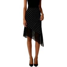 Women's Elastic Waist Satins Midi Skirt-Black and white polk L