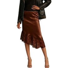 Women's Silk Satins Half Slip Long Skirt Lace Trim-brown M