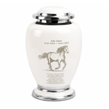 Adult Ashes Cremation Urn with Horse Engraving White Memorial Funeral Urn
