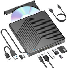 EKESOR Ultra Slim External USB 3.0 Type-C DVD/CD Reader/Writer with 4 USB Ports and 2 TF/SD Card Slots - Black