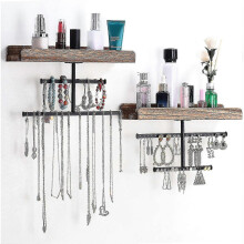Hanging Wall Mounted Jewelry Organizer with Rustic Wood Jewelry Holder Display for Necklaces Br