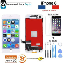 White iPhone 8 LCD screen with touchscreen on frame + tools + tempered glass