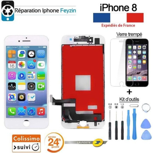 White iPhone 8 LCD screen with touchscreen on frame + tools + tempered glass