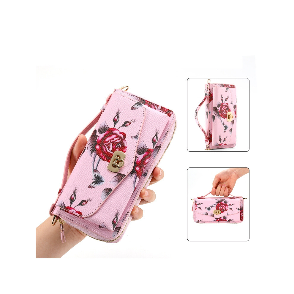 Floral Pattern Multi-Function Zipper Wallet Case With Diagonal Strap (Pink) Compatible Gift Samsung Galaxy S24 5G:for Samsung Galaxy S24 5G Pink 5903580306676