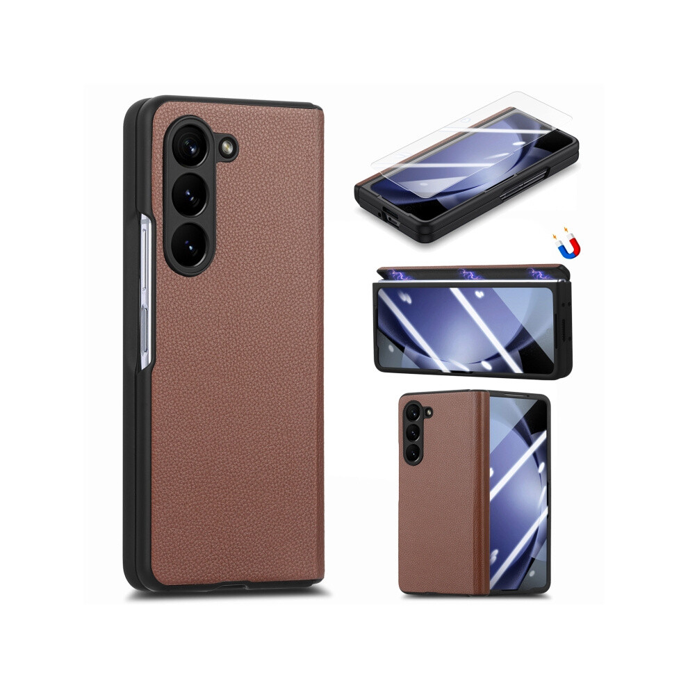 Compatible Gift Samsung Galaxy Z Fold5 5G Litchi Integrated Film Electroplated Magnetic Hinge Leather Phone Case(Brown):For Samsung Galaxy Z Fold5 5G Brown 5908487391015