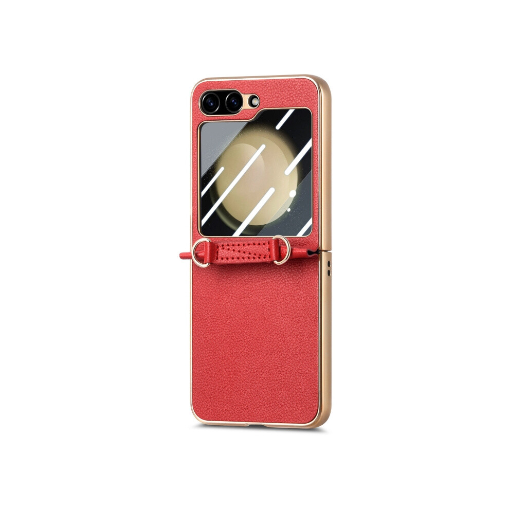 Compatible Gift Samsung Galaxy Z Flip5 5G Lychee Texture Case With Integrated Electroplated Shockproof Design And Crossbody Strap (Red):For Samsung G Red 5908487391121
