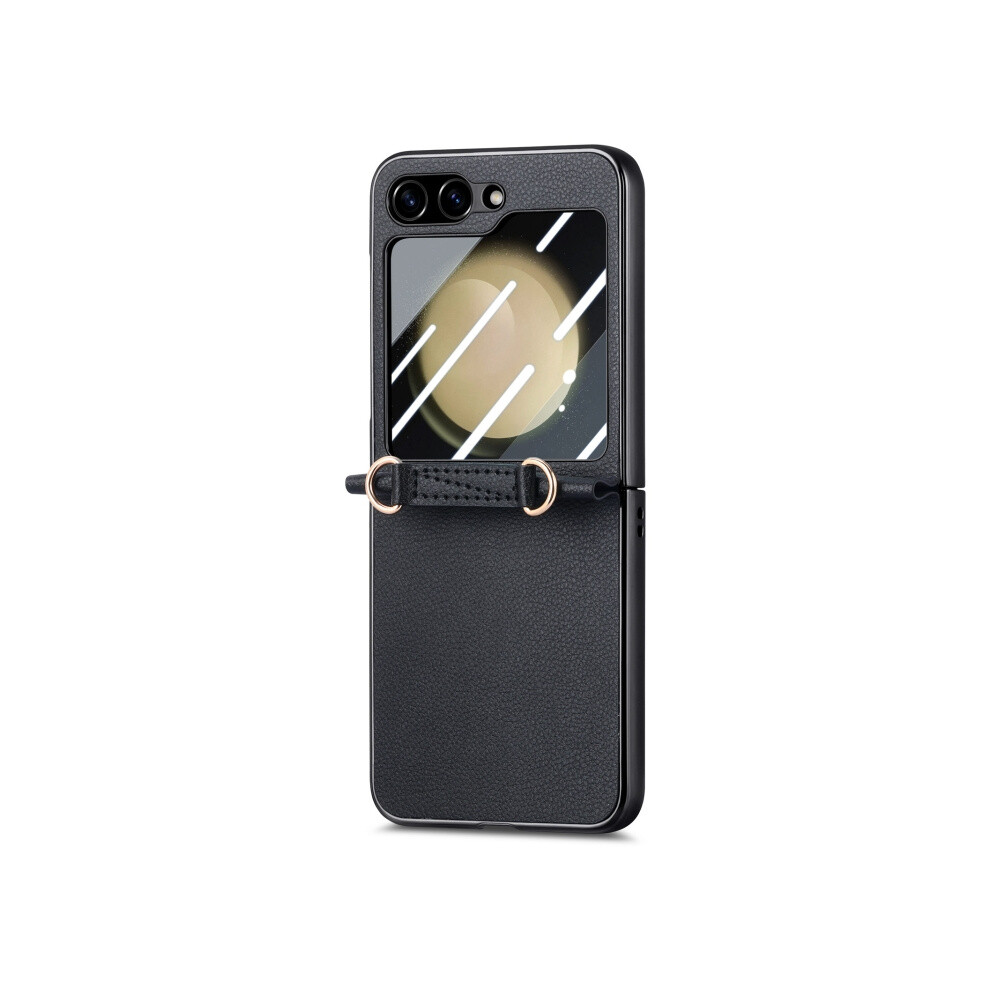 Compatible Gift Samsung Galaxy Z Flip5 5G Lychee Texture Case With Integrated Electroplated Shockproof Design And Crossbody Strap (Black):For Samsung Black 5908487391077